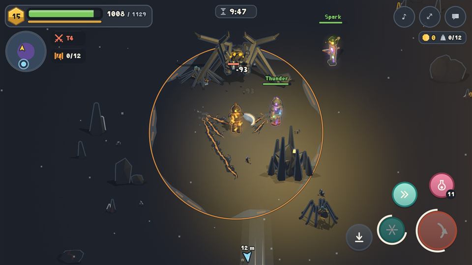 A party fighting the Hunter, a huge spider in the dark meteor chamber. An orange ring and cracks on the ground announce its slam.