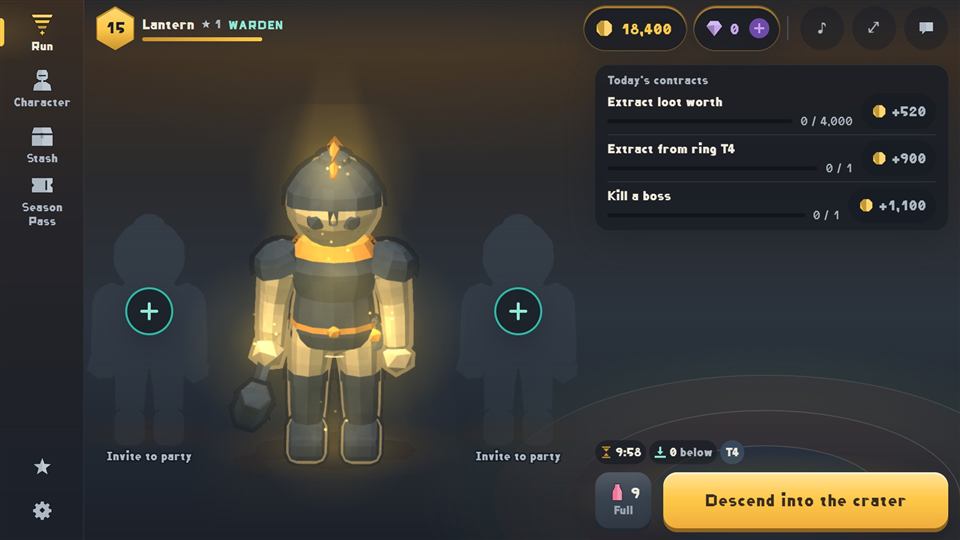 Town: the character standing in lantern light, with empty spots for party members on both sides, three contracts for today on the right and the Descend into the crater button at the bottom.
